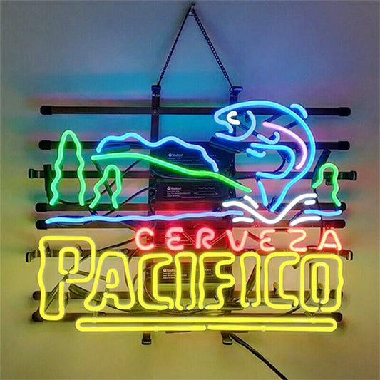Pacifico Beer Go Fishing Neon Sign Light 19x15 Inches with Real Glass Tubes and Metal Grid