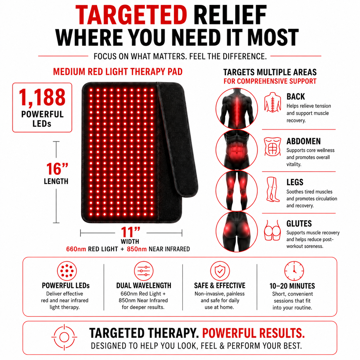 Medium Red Light Pad for Support with Pain Relief & Recovery | 16" x 11" | 1188 LEDs + 12V Car Adapter