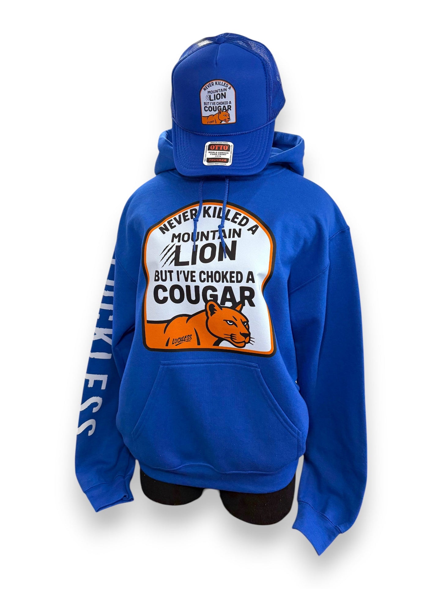 I've Never Killed A Mountain Lion But I've Choked a Cougar Hoodie - Funny Men's Royal Blue Graphic Pullover by Luckless Outfitters
