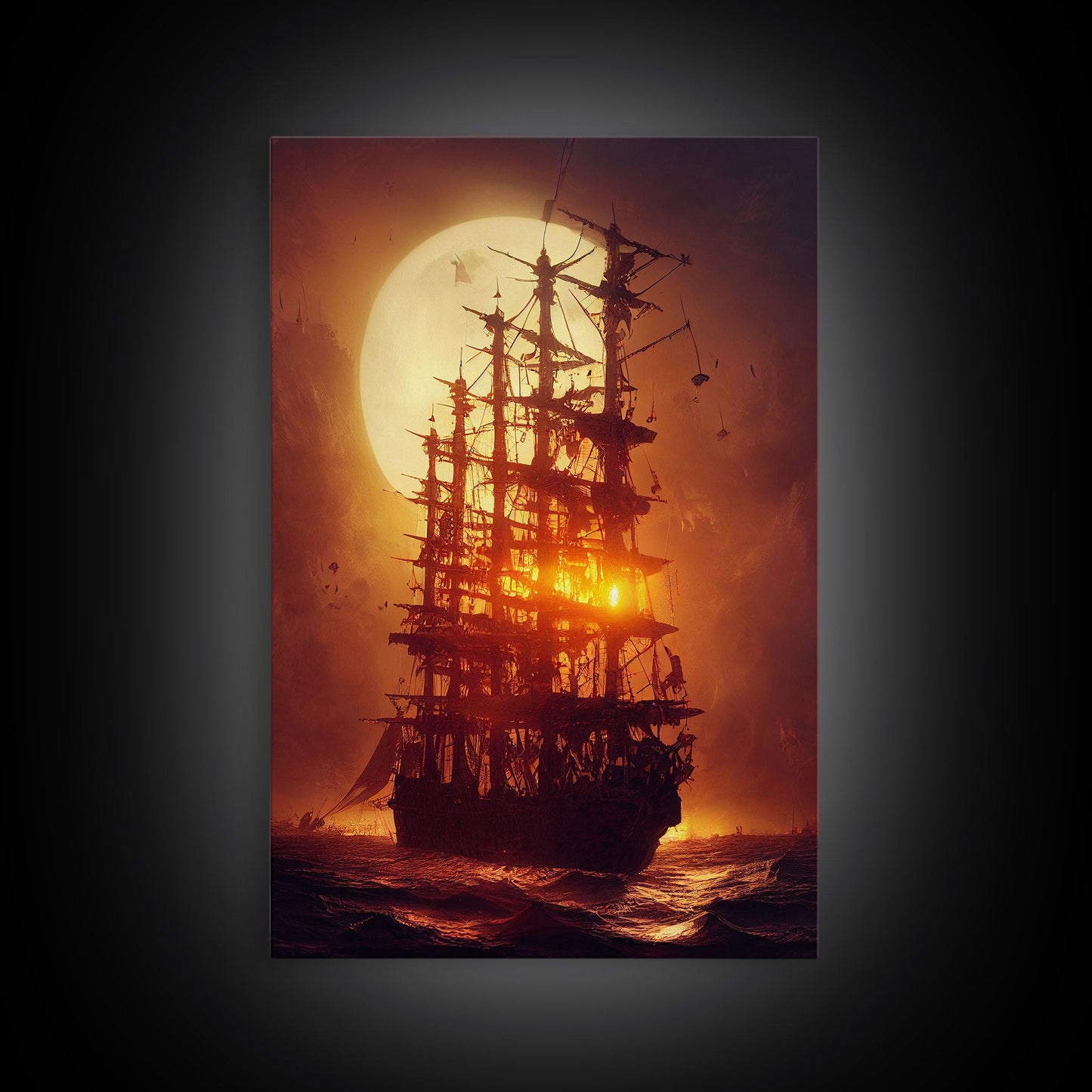Ghost Ship and Full Moon, Spooky Pirate Ship Art, Framed Canvas Print, Ready To Hang Framed Wall Art, Living Room Wall Hanging