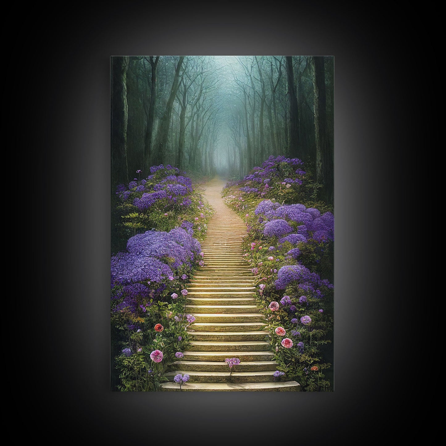 Lavender Lined Stairs Leading To The Haunted Forest, Fantasy Wall Art, framed canvas print, framed art