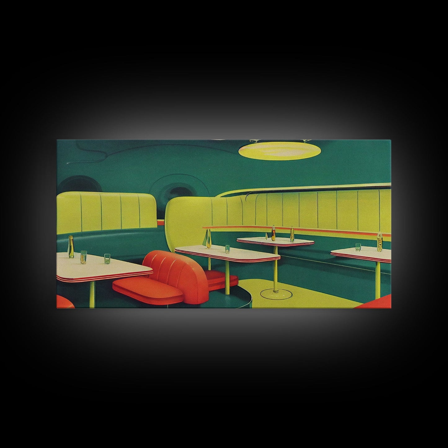 Retro Art, Lime green 1950s style art deco diner, framed canvas print, ready to hang framed wall art