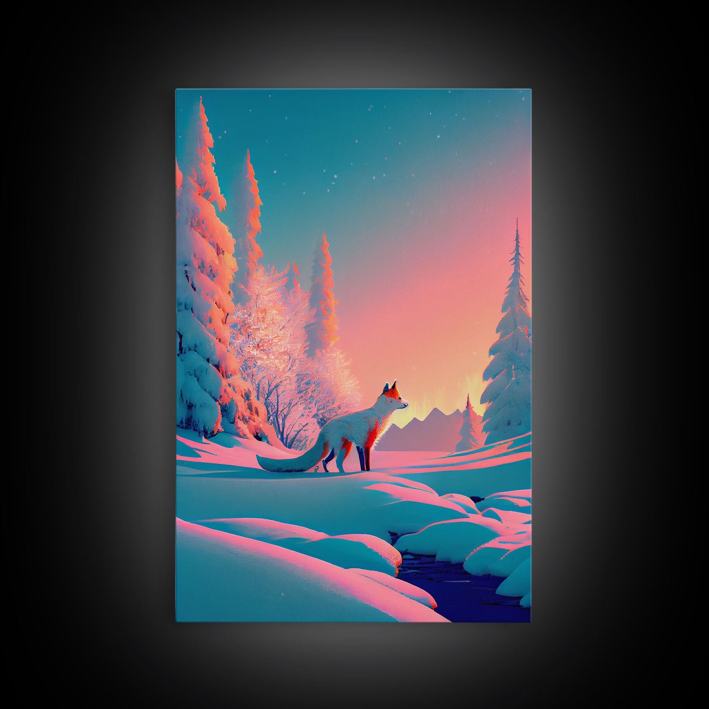 Cute arctic fox art in the snow, framed canvas print