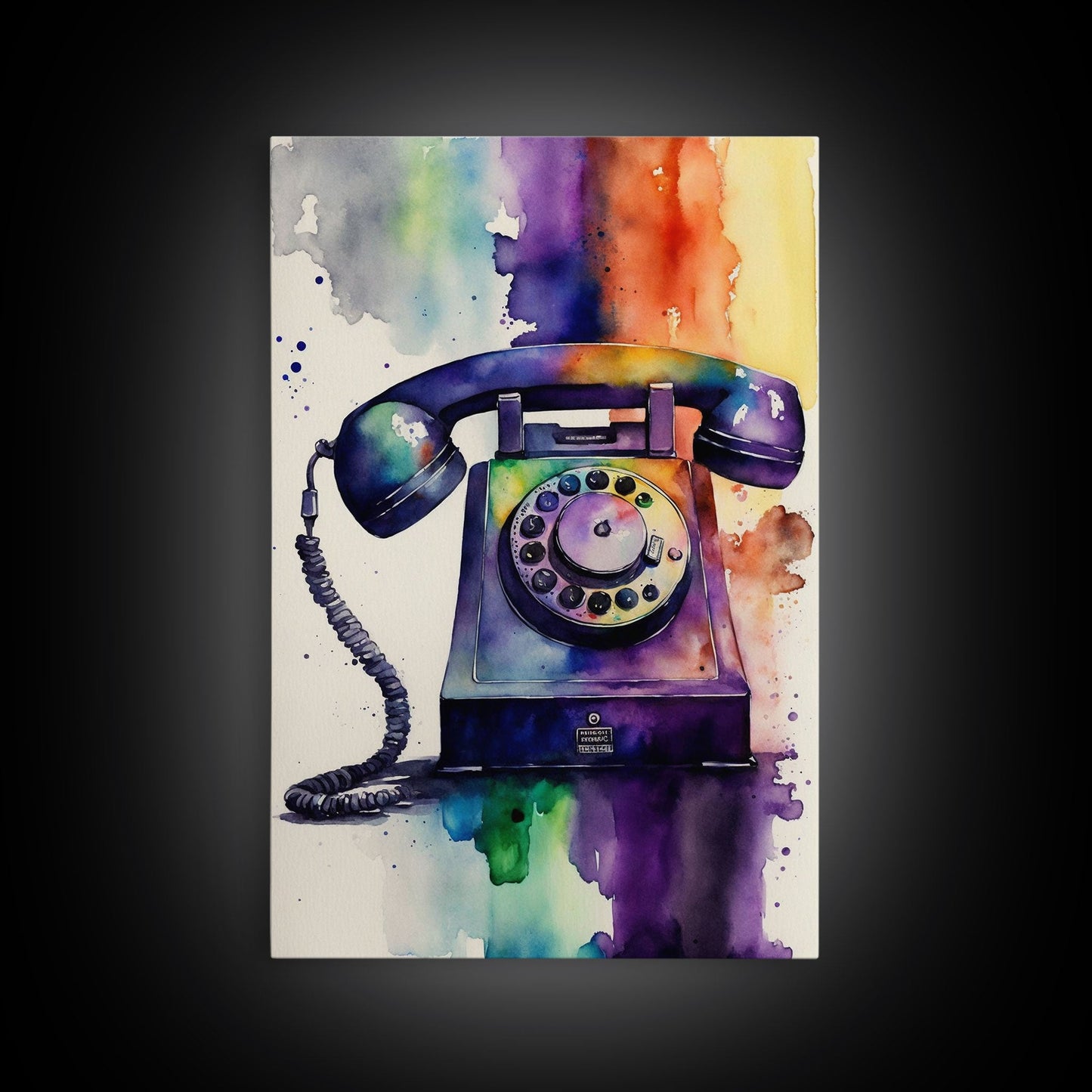 Retro Rotary Phone Art, Watercolor, Framed Canvas Print, Large Wall Art, Retro Style Decor