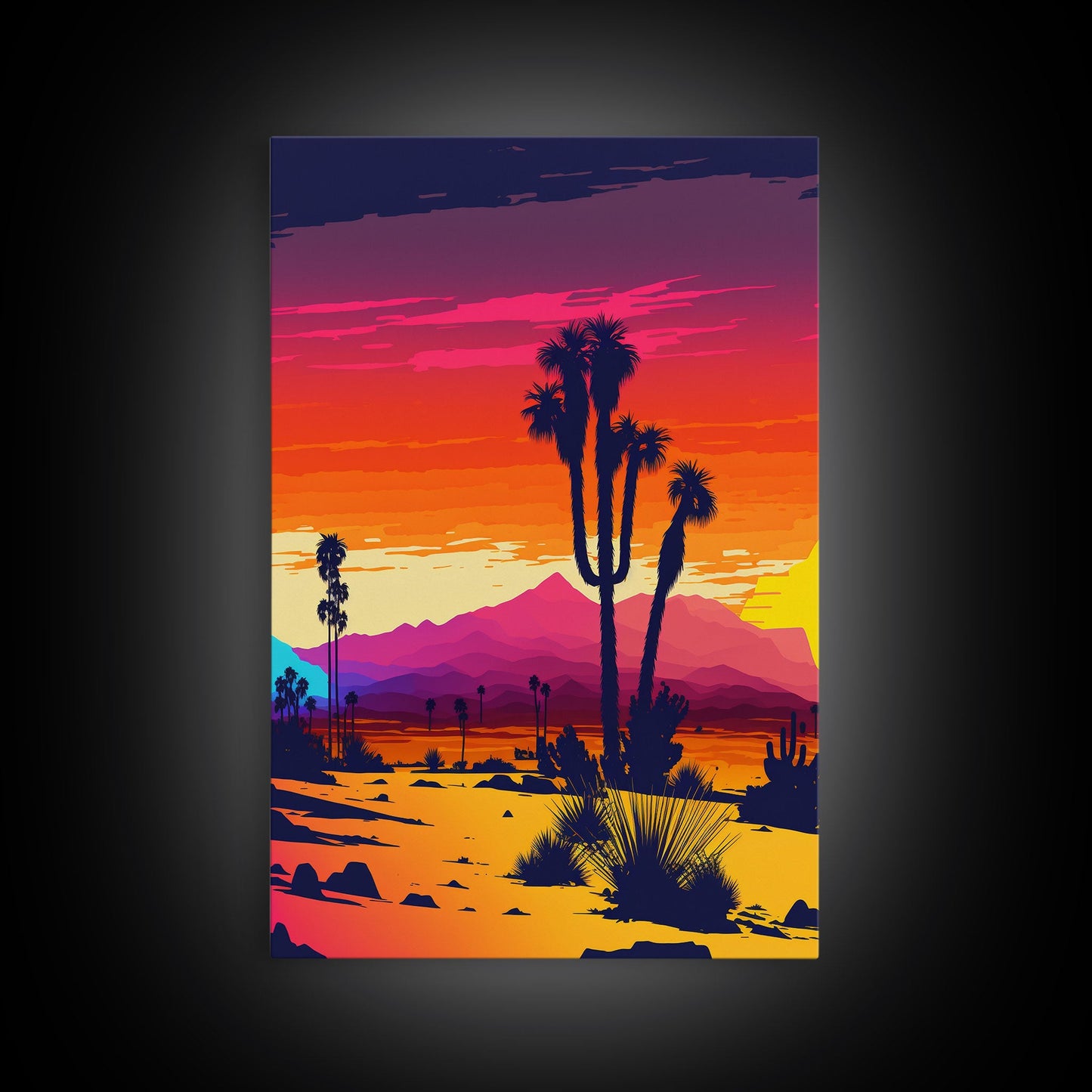 Retro Desert Art, Pop Art Style, Framed Canvas Print, Retrowave, Western Decor, Wild West Art, Cactus Prints