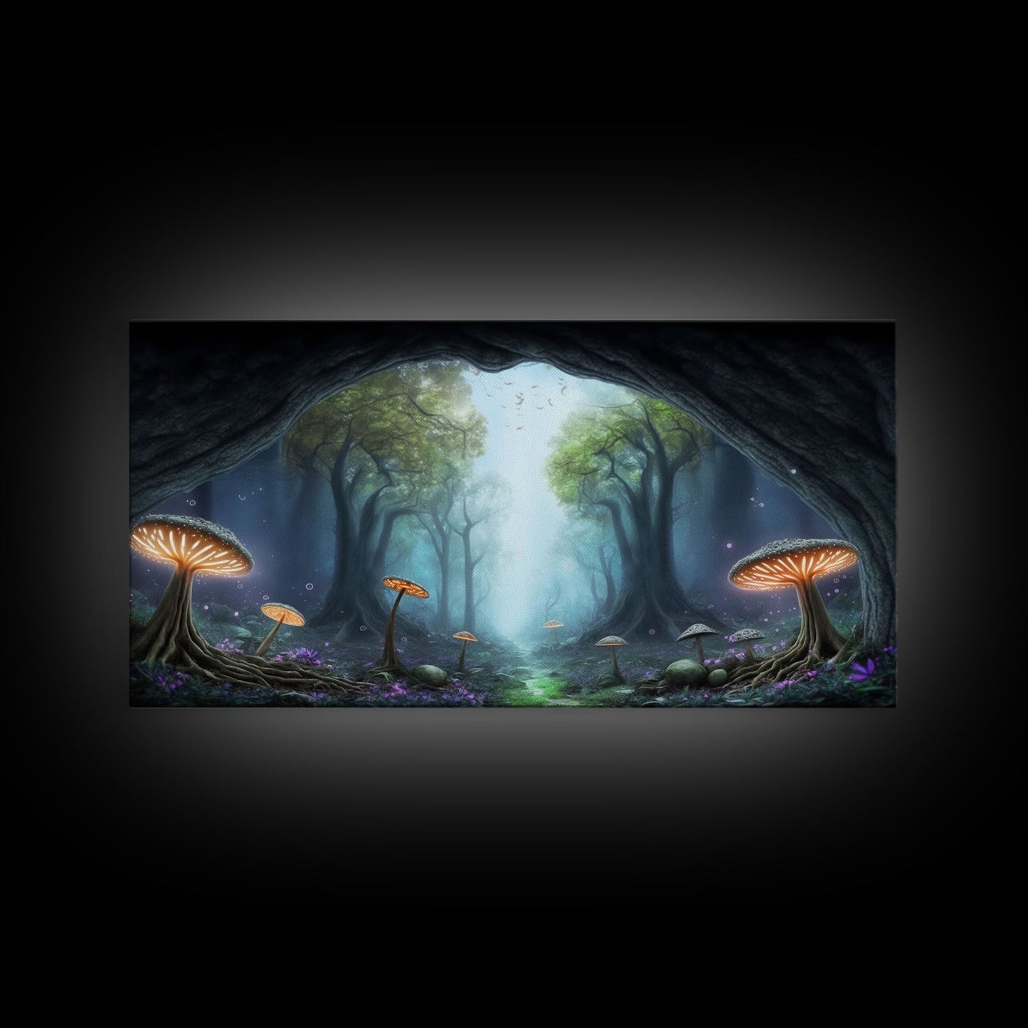 Magical Enchanted Mushroom Forest, Fantasy Art, Framed Canvas Print, Bioluminescent Butterflies in an Enchanted Forest, Glowing Art