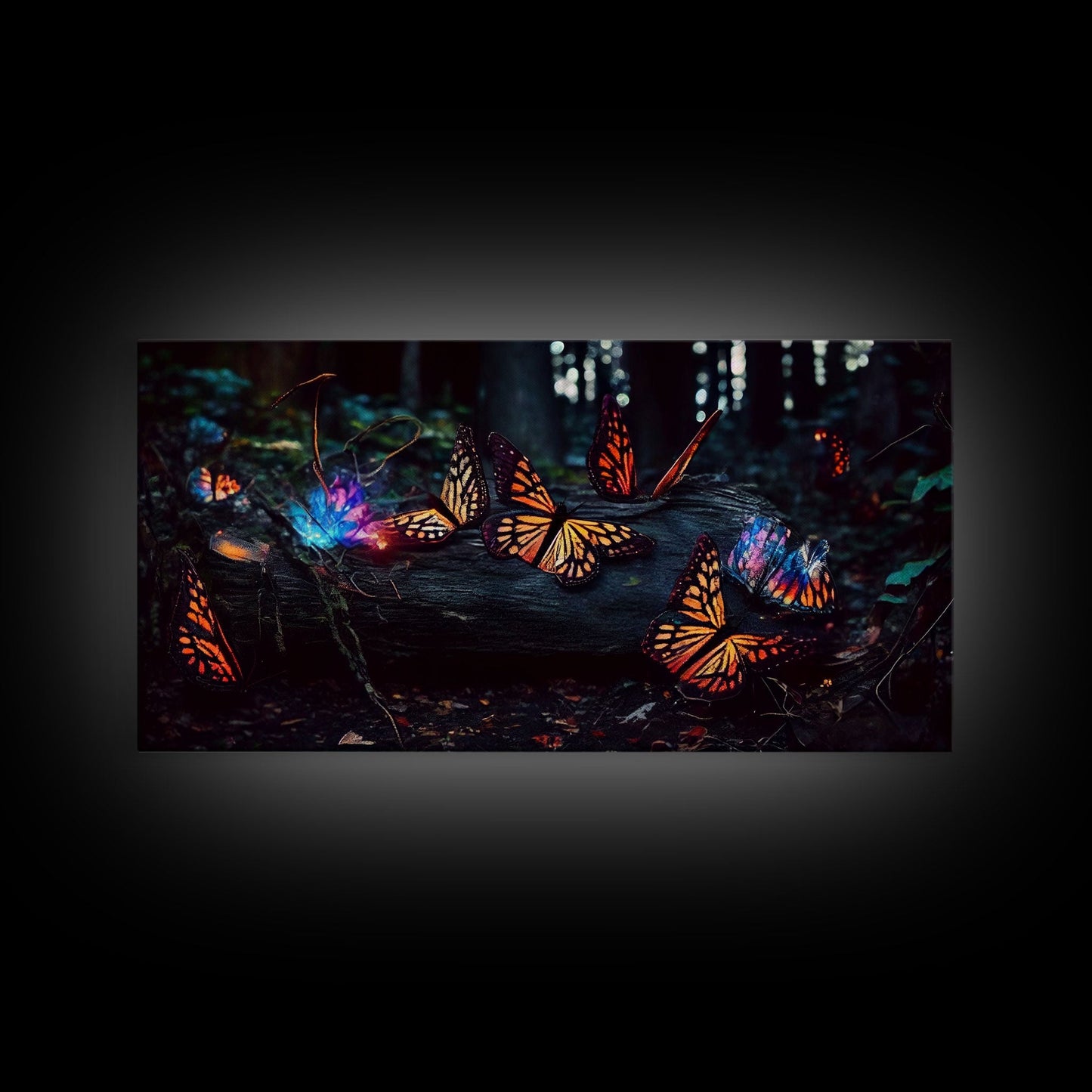 Glowing butterflies, fantasy forest wall art, framed canvas print, mother's day, mom gift, monarch butterflies
