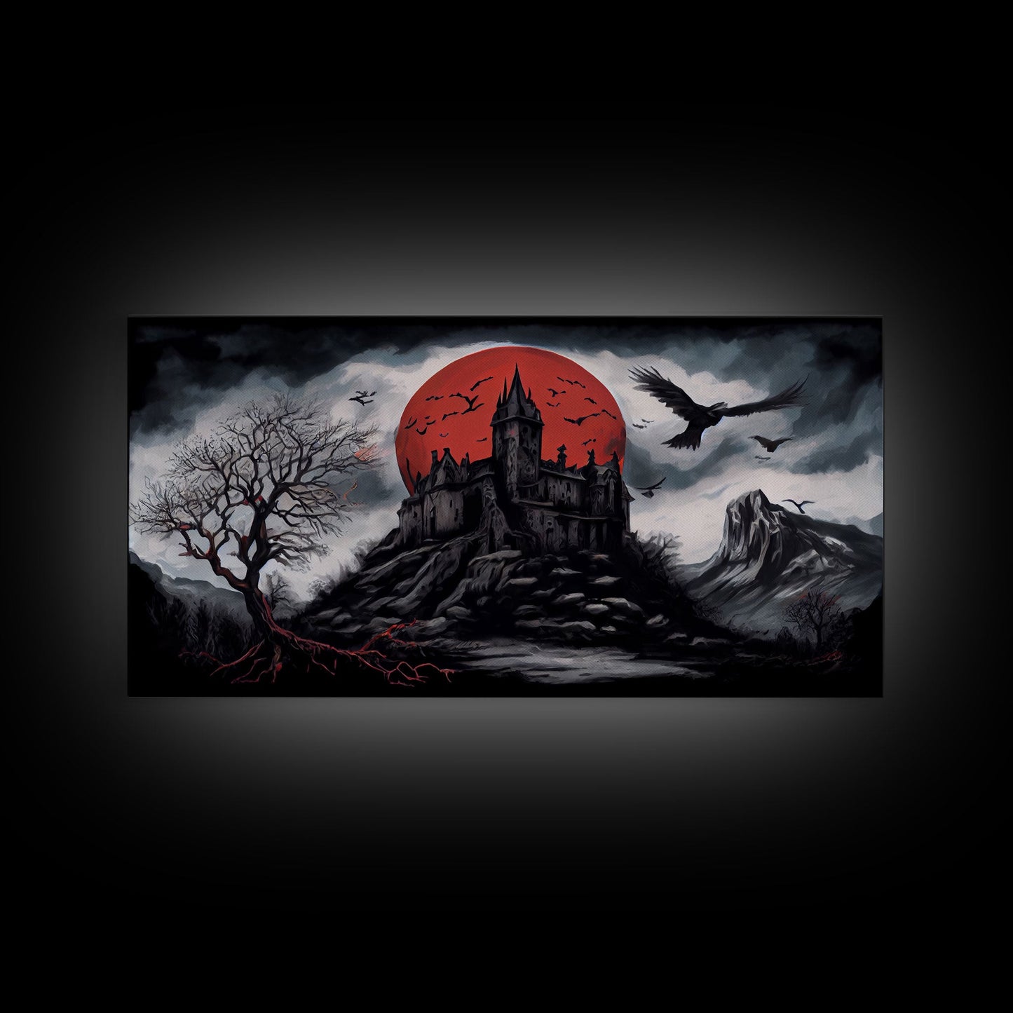 Horror Art, Haunted Castle and Blood Moon, Framed Canvas Print, Goth Art, Gothic Decor, Cool Wall Art