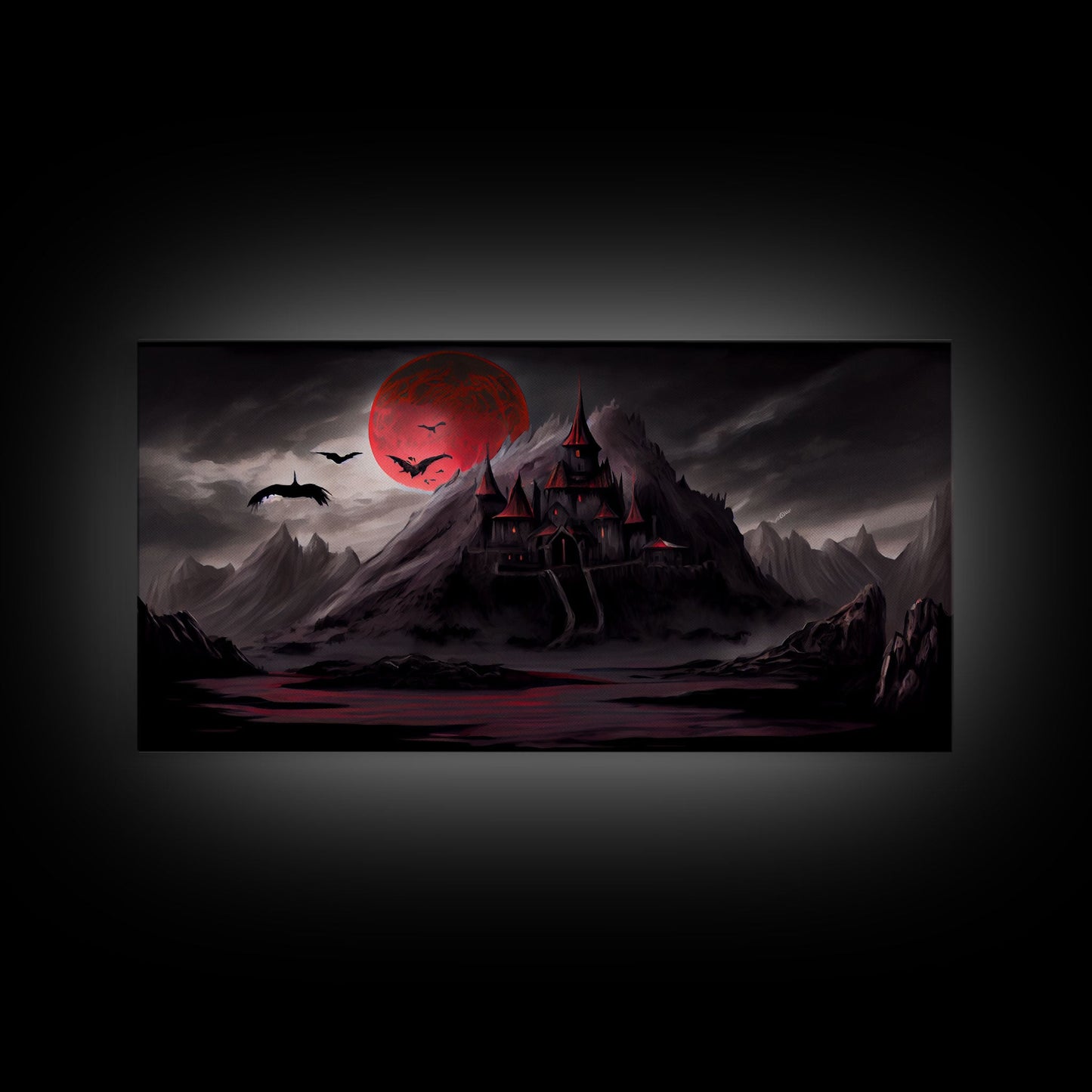 Horror Art, Haunted Castle and Blood Moon, Framed Canvas Print, Goth Art, Gothic Decor, Cool Wall Art