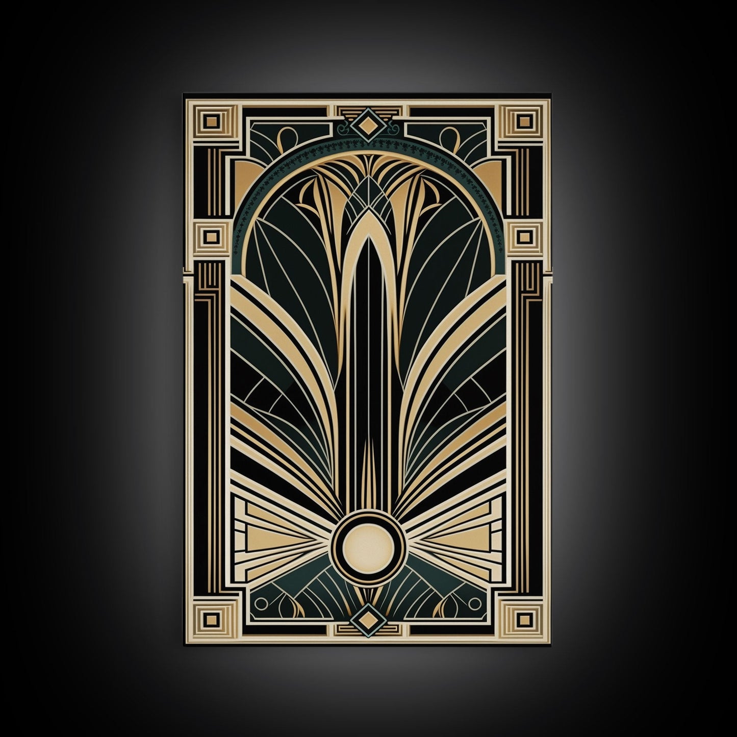 Art Deco Wall art, Framed Canvas Print, Art Deco, Gold & green art, Geometric art, Midcentury Modern, Stained glass art, Office decor