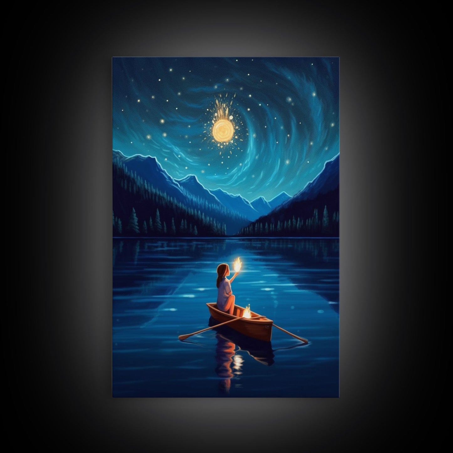 Starry Night, Girl Wizard Lights Up The Night Sky, Fantasy Art, Framed Canvas Print, Fantasy Painting Print, Original Art