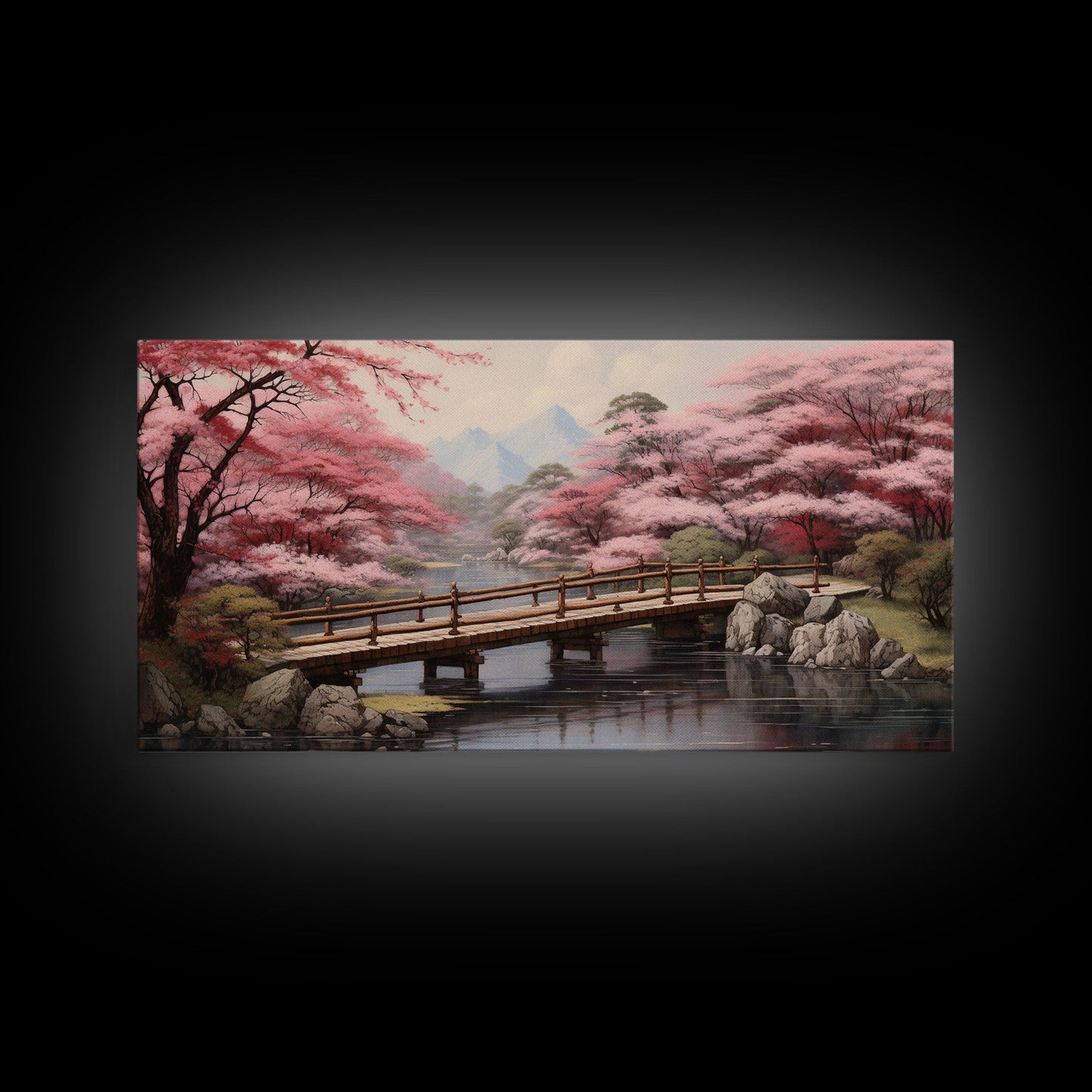 Japanese Wall Art, Cherry Blossoms, River Wall Art, Panoramic Art, Wall Art, Canvas Art, Landscape Art Print, Office Wall Art, Kitchen Art