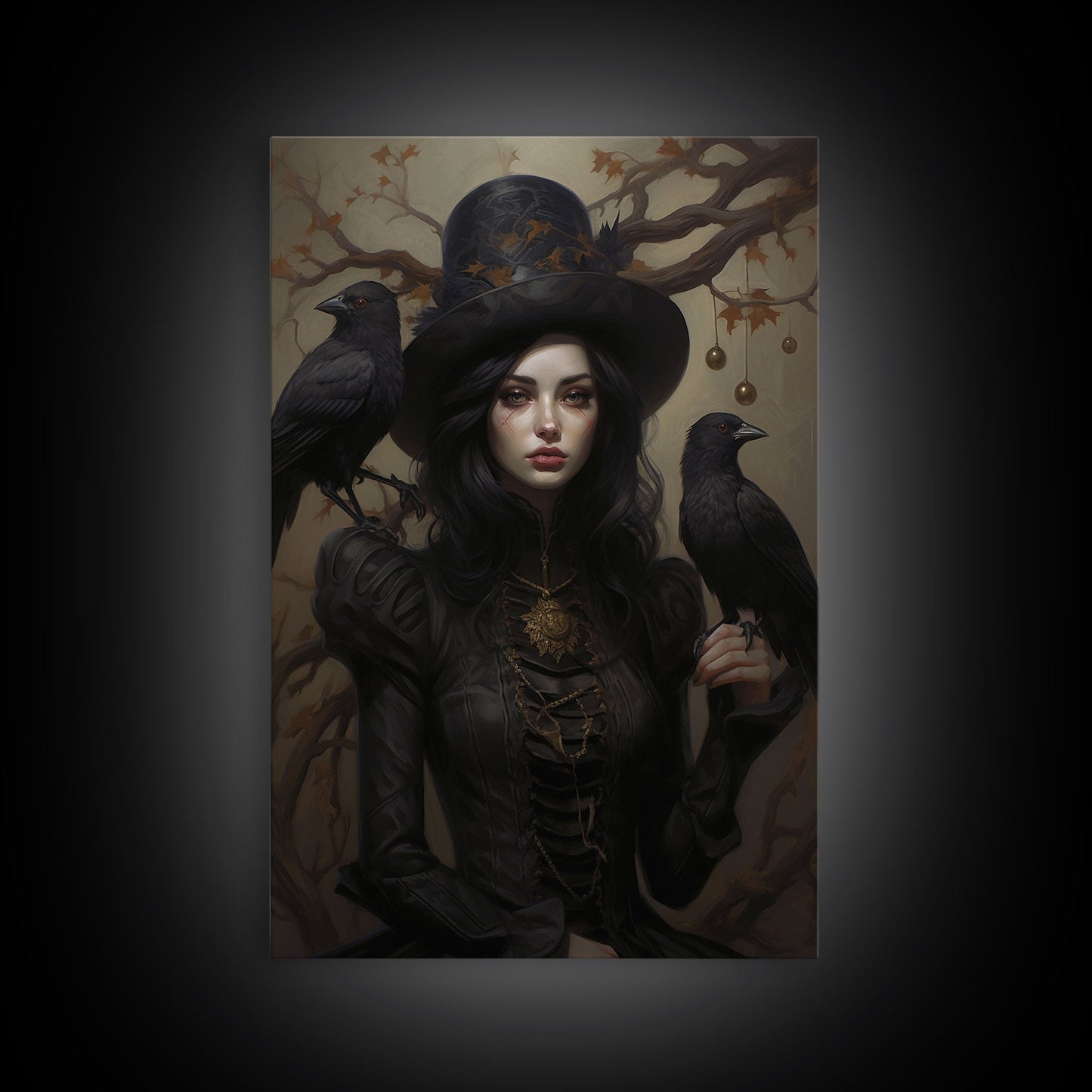 The Witch and Her Ravens, Framed Canvas, Oil Painting Print, Halloween Decor, Gothic Art, Dark Academia, Witchcraft Halloween Art