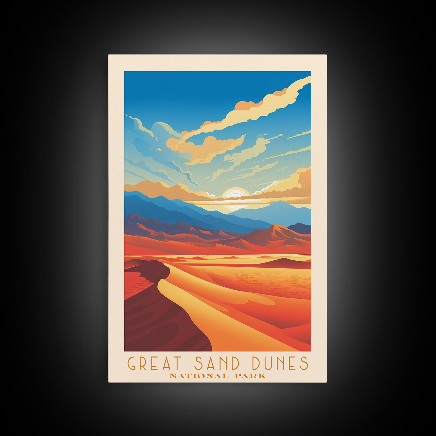 Great Sand Dunes National Park Colorado Travel Art, National Park Print, Minimalist Travel Art, Midcentury Modern Style Landscape Painting