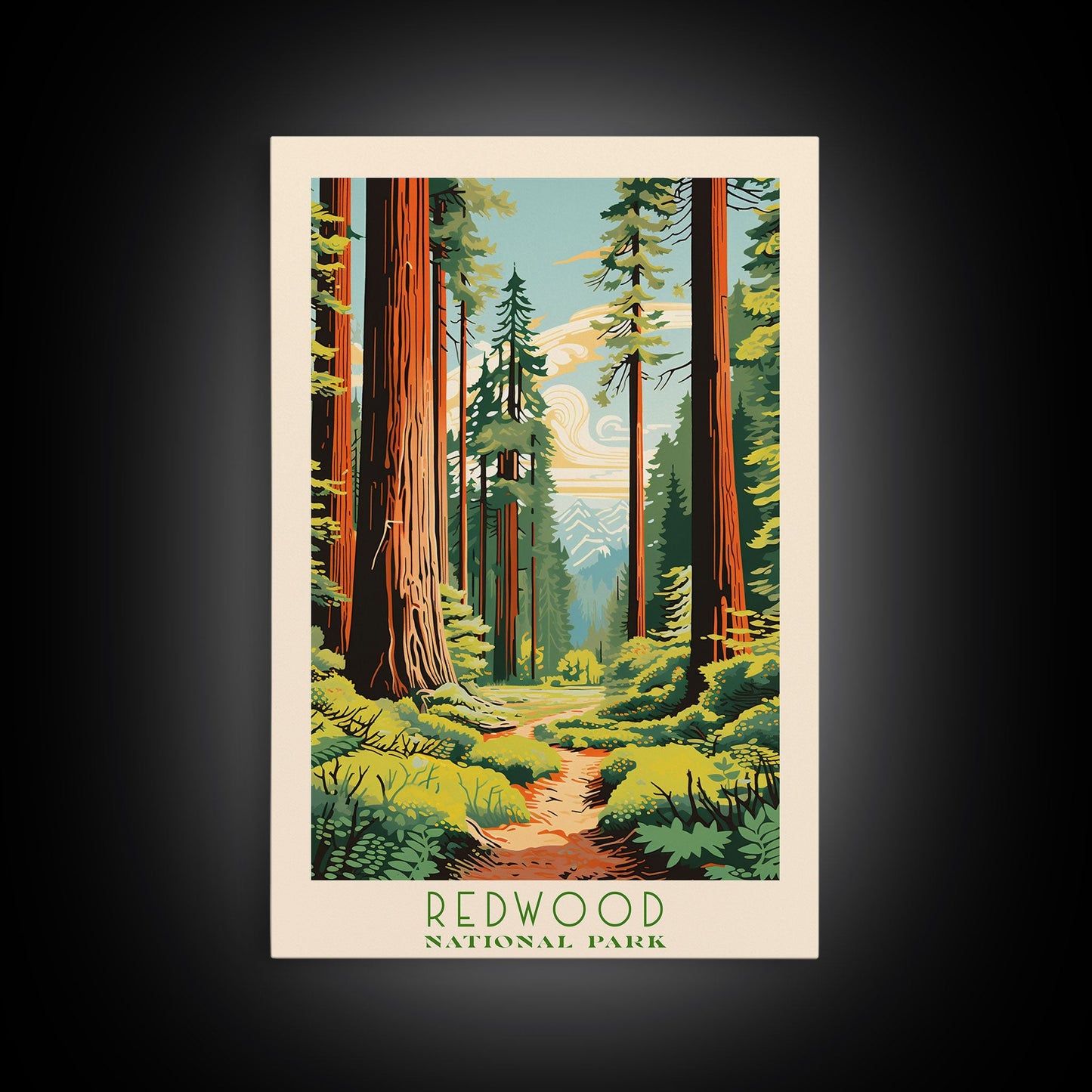 Redwood National Park, California Travel Art, National Park Print, Minimalist Travel Art, Midcentury Modern Retro Style Landscape