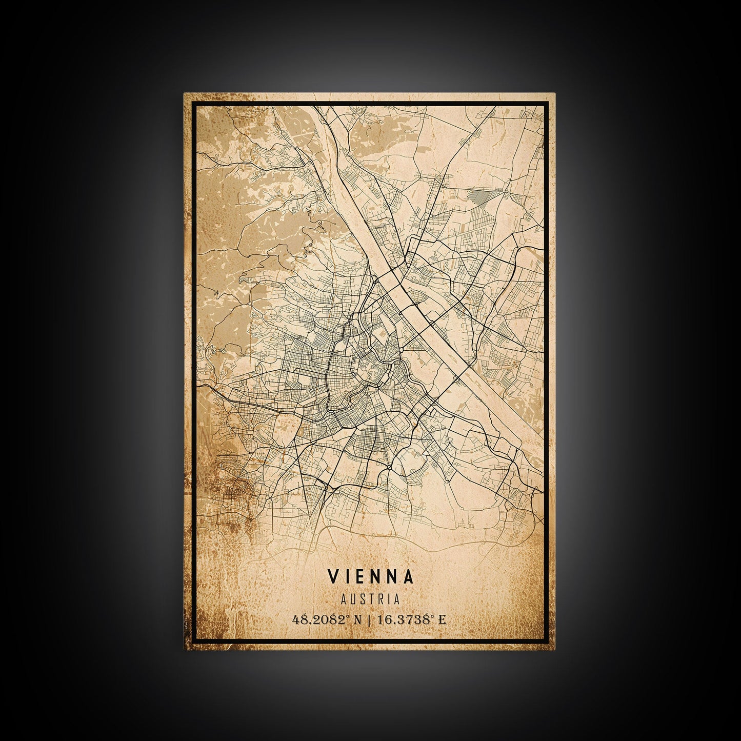 Vintage Vienna City Map Wall Art Canvas Print, Distressed Style Vienna Austria Map, Framed Wall Art, Cool Vienna Travel Wall Art, Office Art