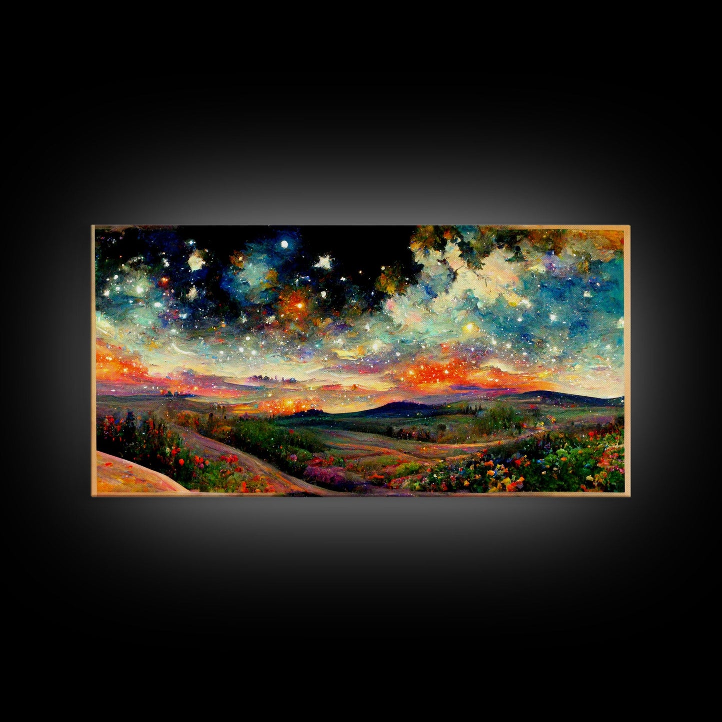 Night Starry Sky Landscape Framed Canvas Print, Colorful Night Sky Painting Nature Painting Living Room Wall Art Spiritual Starry Painting