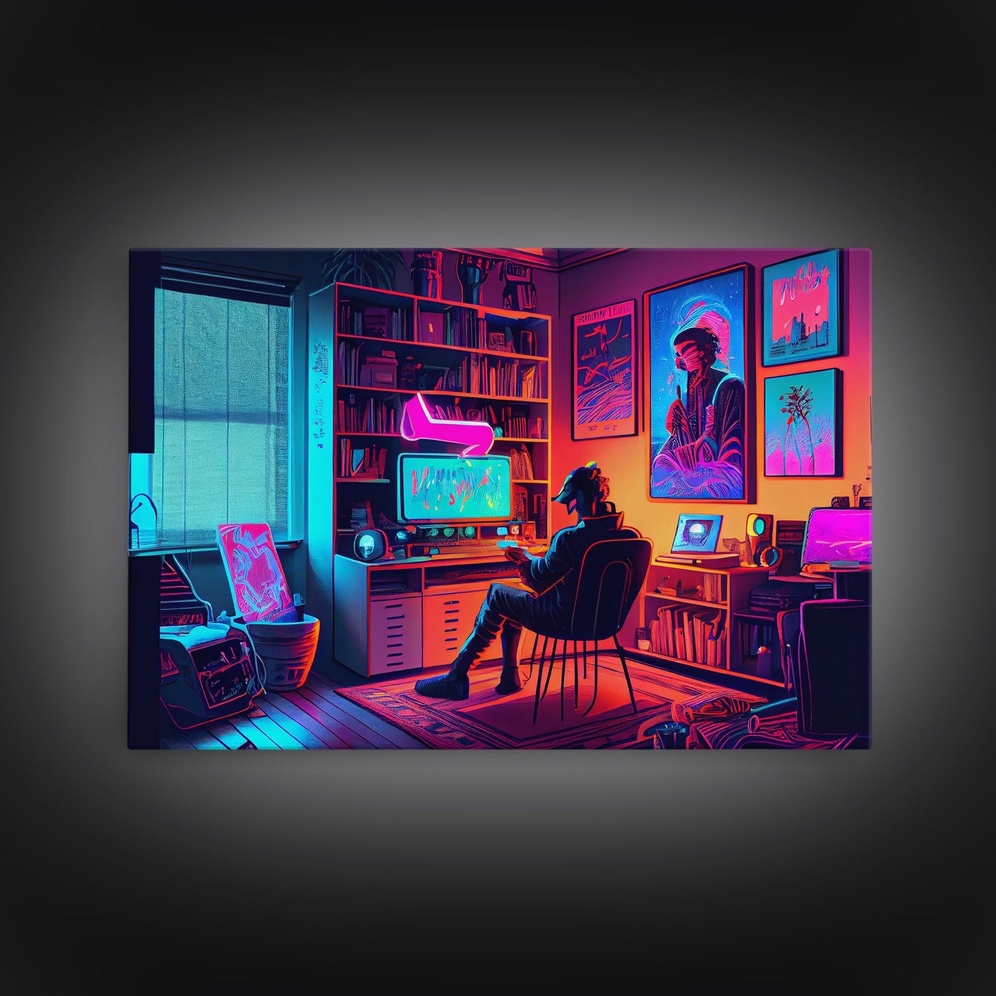 Jacked In - VR headset art, synthwave framed canvas print, cool office art
