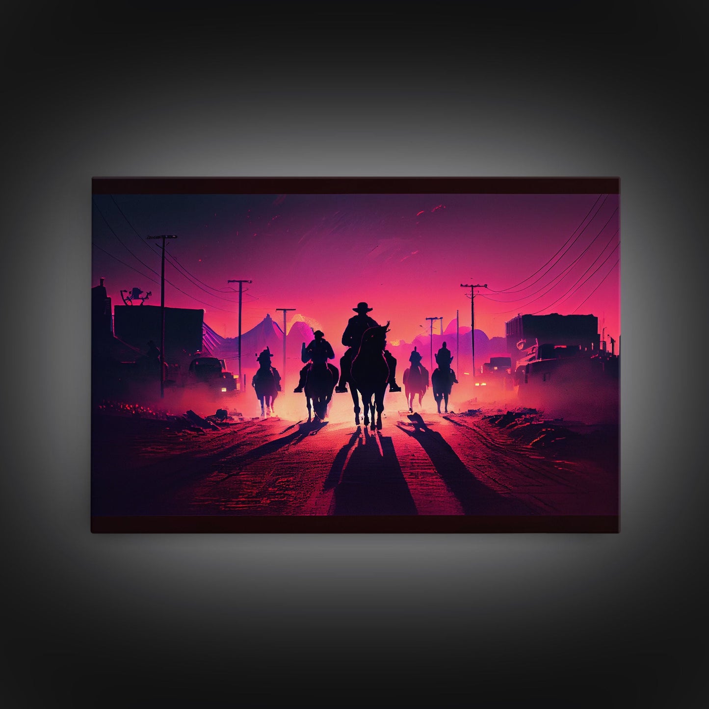 Retro Synthwave Style Post-Apocalyptic Cowboys, framed canvas print, retro outrun style wild west art