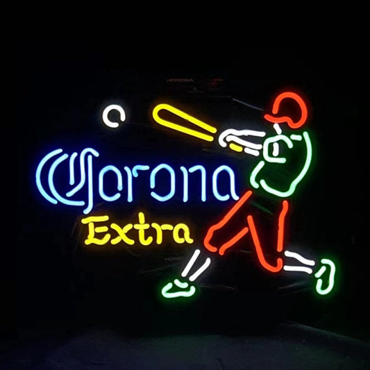 Corona Extra Baseball Player Neon Sign Light with Real Glass Tubes and Metal Grid, 17" x 14" Backing Size