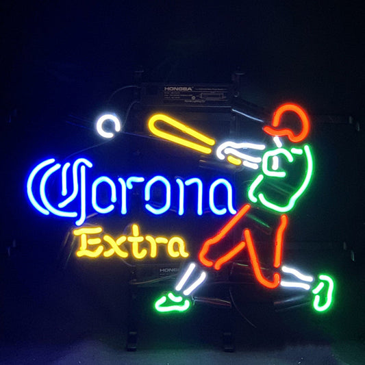 Corona Extra Baseball Player Neon Sign Light with Real Glass Tubes and Metal Grid, 17" x 14" Backing Size