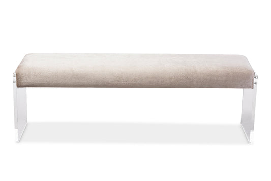 Baxton Studio Hildon Modern and Contemporary Beige Microsuede Fabric Upholstered Lux Bench with Paneled Acrylic Legs