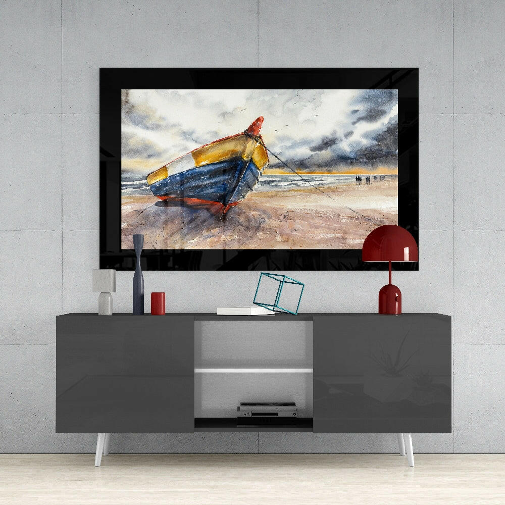 Fishing Boat Glass Wall Art - Painterly Coastal Watercolor Digital Print Behind Tempered Glass