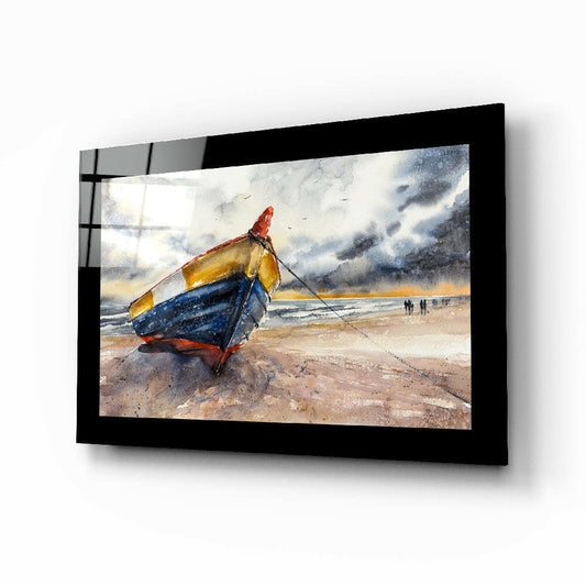 Fishing Boat Glass Wall Art - Painterly Coastal Watercolor Digital Print Behind Tempered Glass