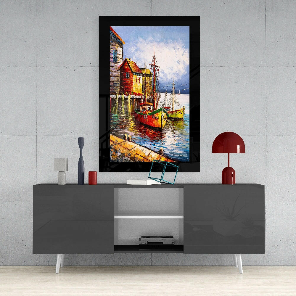 Fishing Town Glass Wall Art - Painterly Coastal Harbor Scene Under Tempered Glass