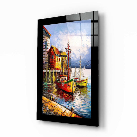 Fishing Town Glass Wall Art - Painterly Coastal Harbor Scene Under Tempered Glass