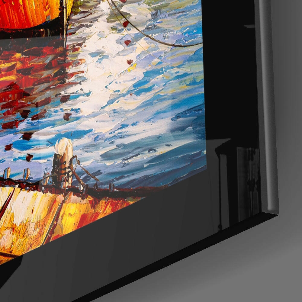 Fishing Town Glass Wall Art - Painterly Coastal Harbor Scene Under Tempered Glass