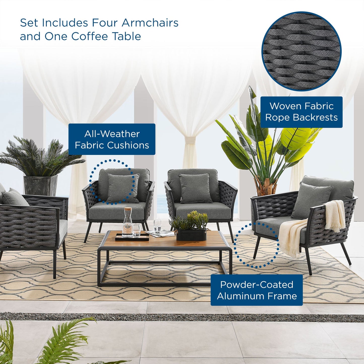Stance 5 Piece Outdoor Patio Aluminum Sectional Sofa Set by Modway