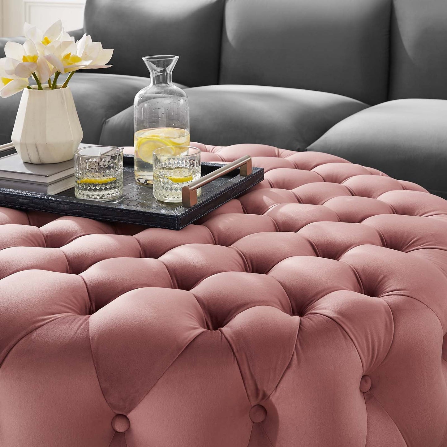 Amour Tufted Button Large Round Performance Velvet Ottoman by Modway