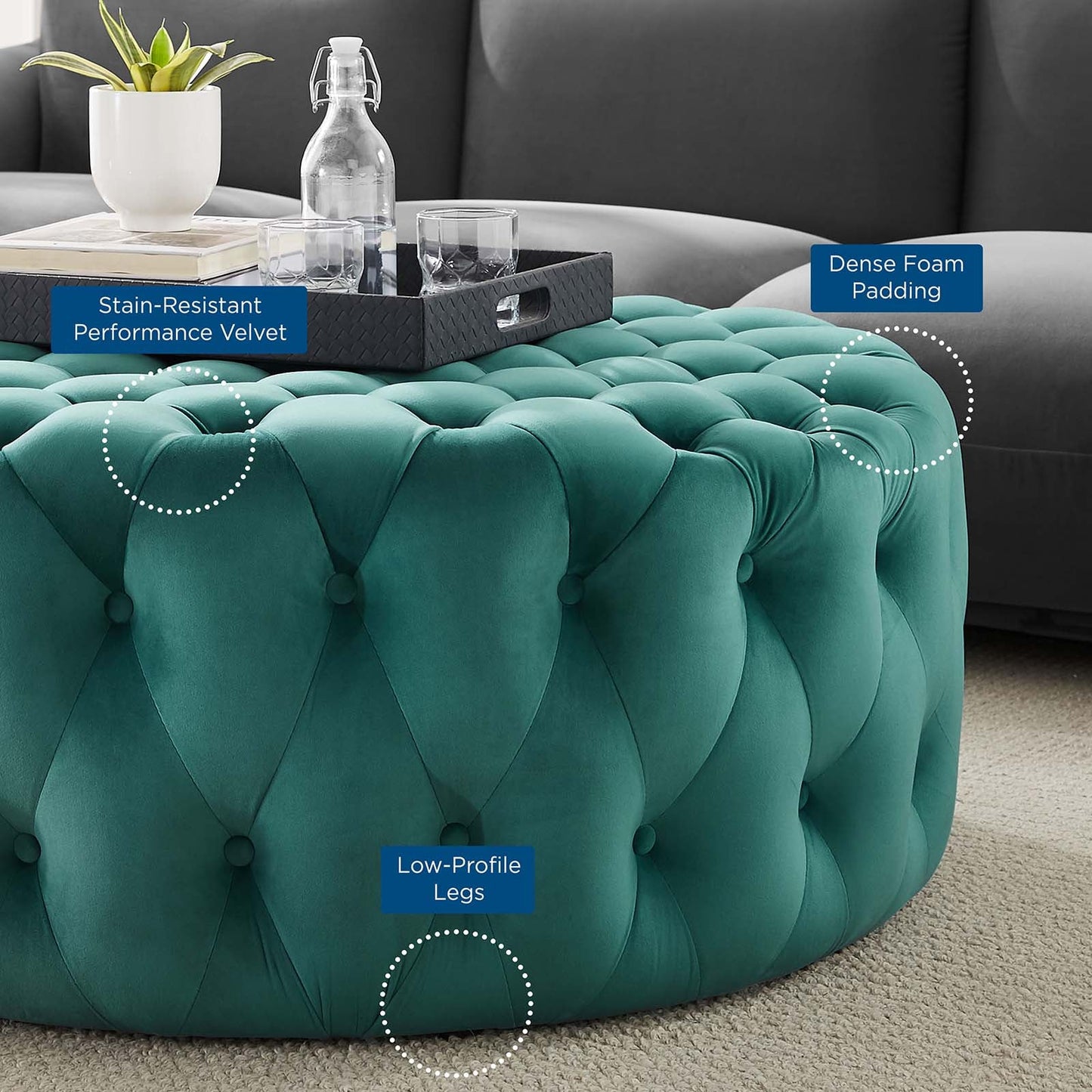 Amour Tufted Button Large Round Performance Velvet Ottoman by Modway