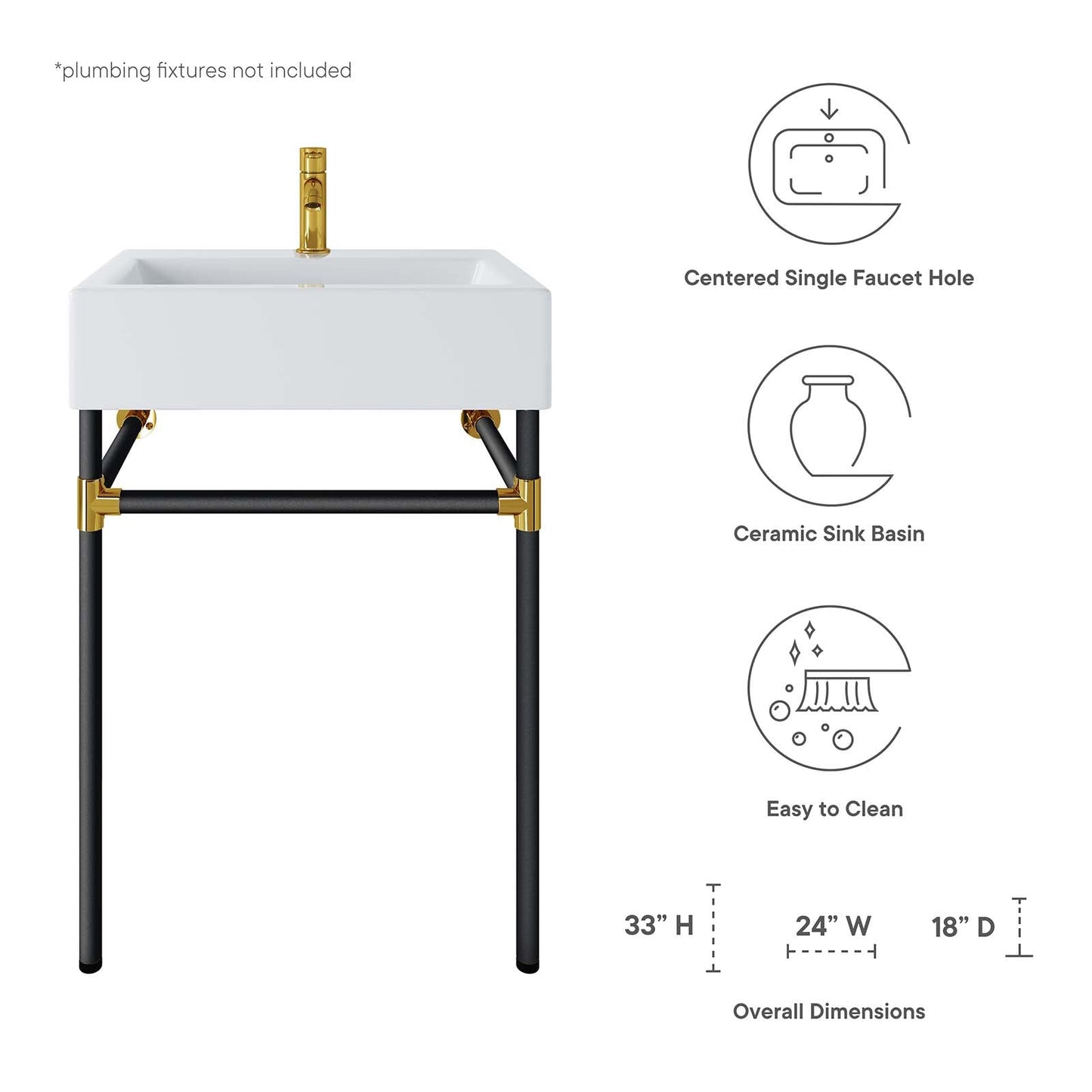 Redeem 24" Wall-Mount Black Stainless Steel Bathroom Vanity by Modway