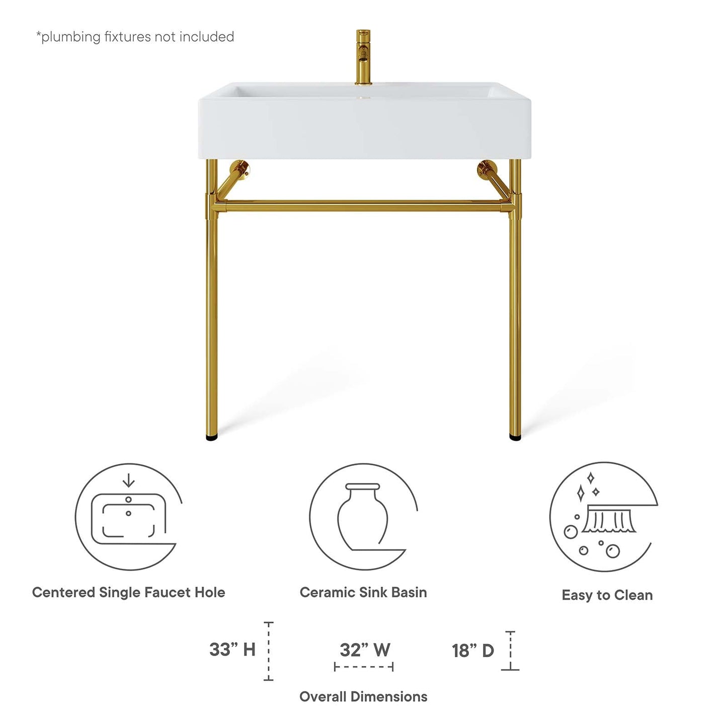 Redeem 32" Wall-Mount Gold Stainless Steel Bathroom Vanity by Modway