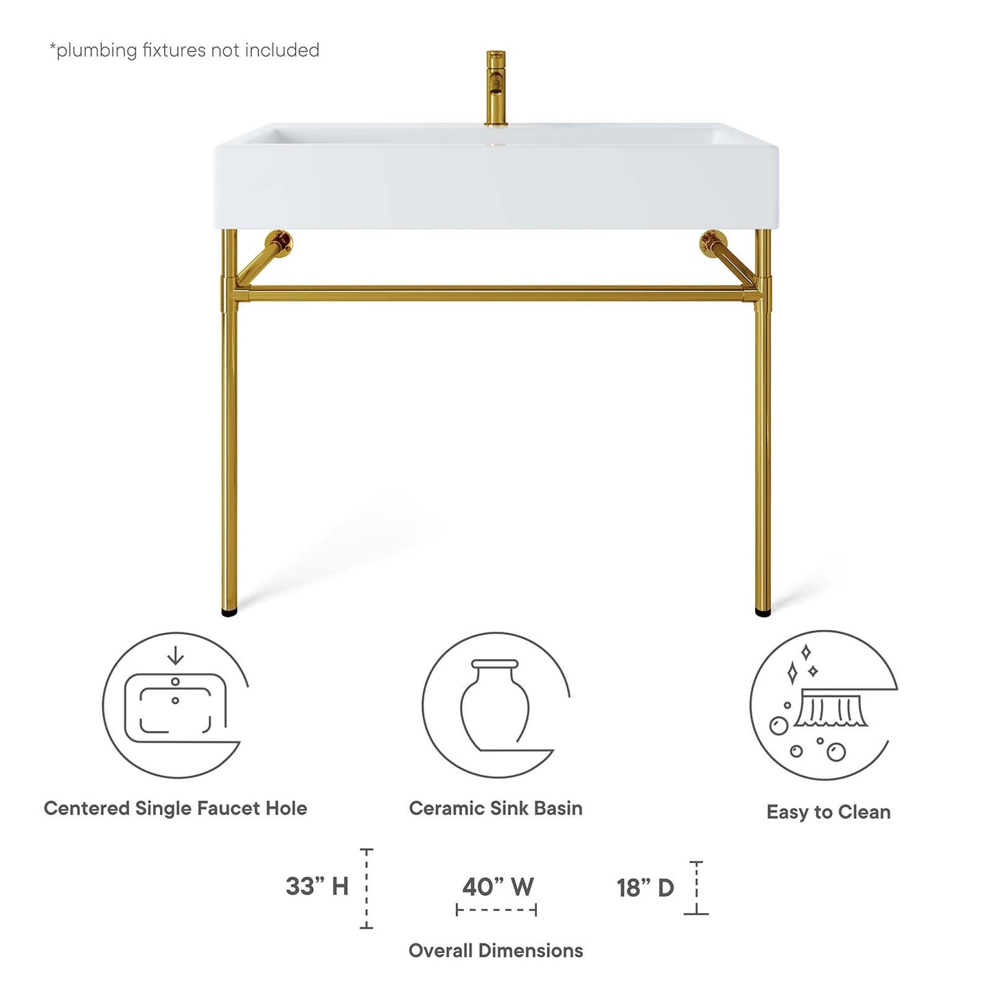 Redeem 40" Wall-Mount Gold Stainless Steel Bathroom Vanity by Modway
