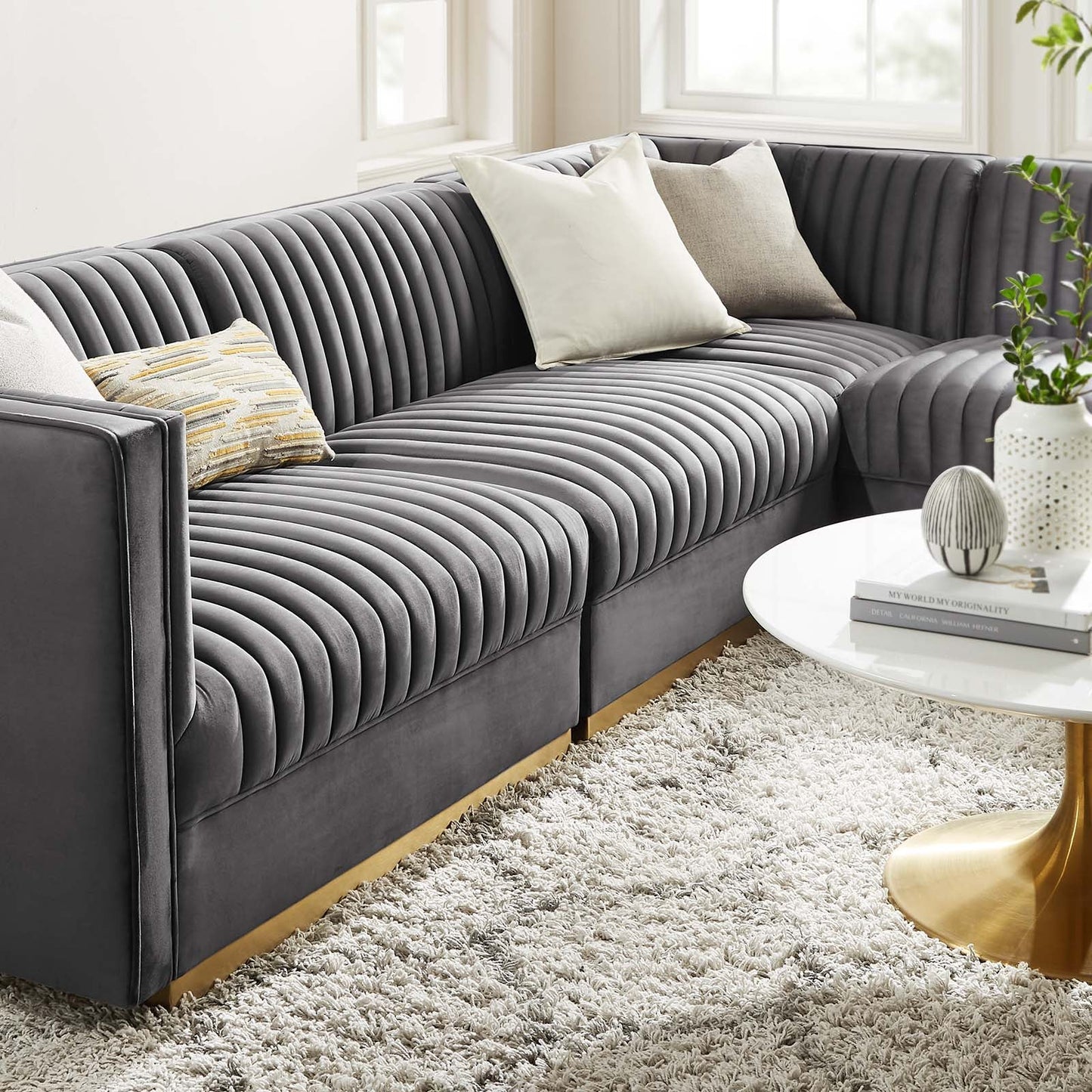 Sanguine 4-Piece Channel Tufted Performance Velvet Right-Facing Modular Sectional Sofa by Modway