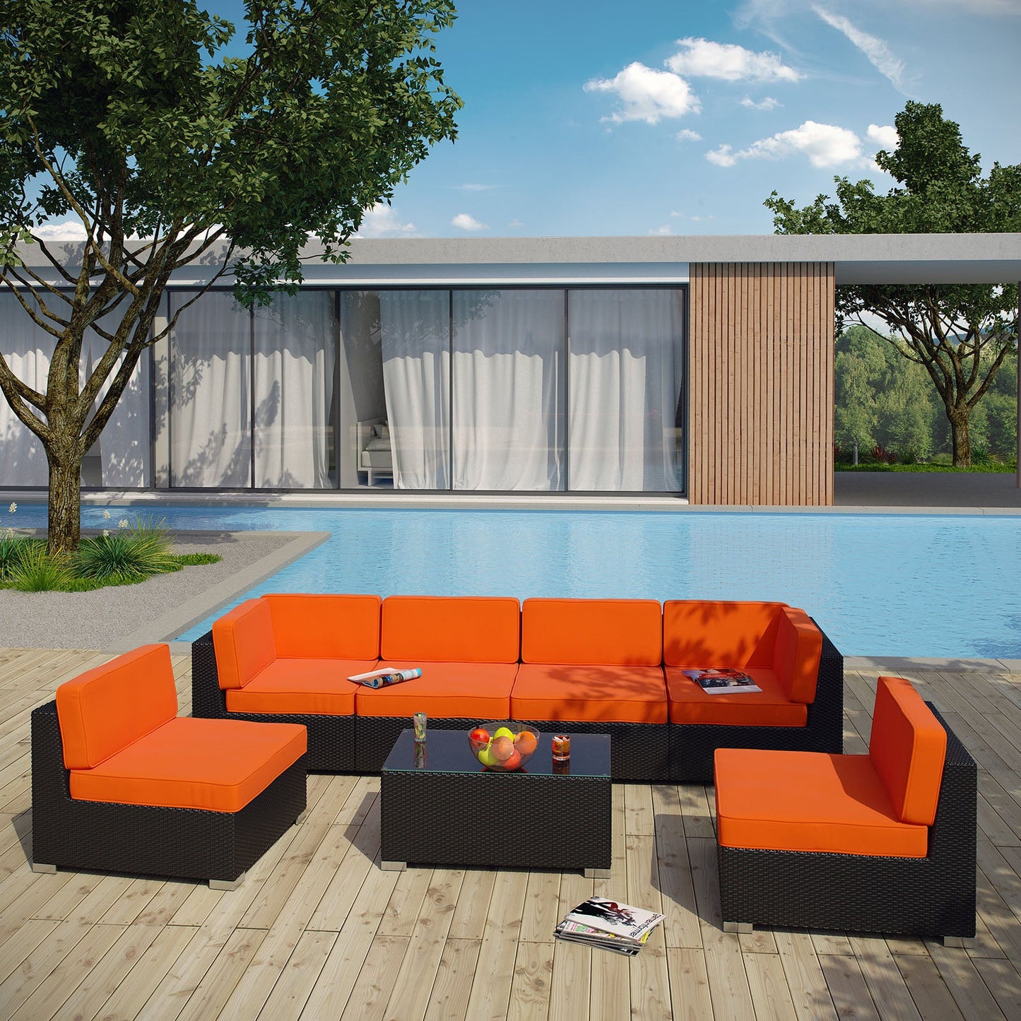 Aero 7 Piece Outdoor Sectional Set in Espresso Orange