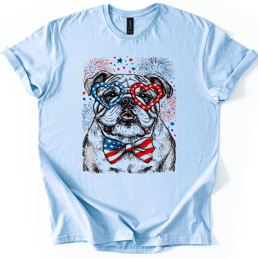 English Bulldog Patriotic Dog With American Flag Emblems For Fourth Of July Celebration Graphic Tee