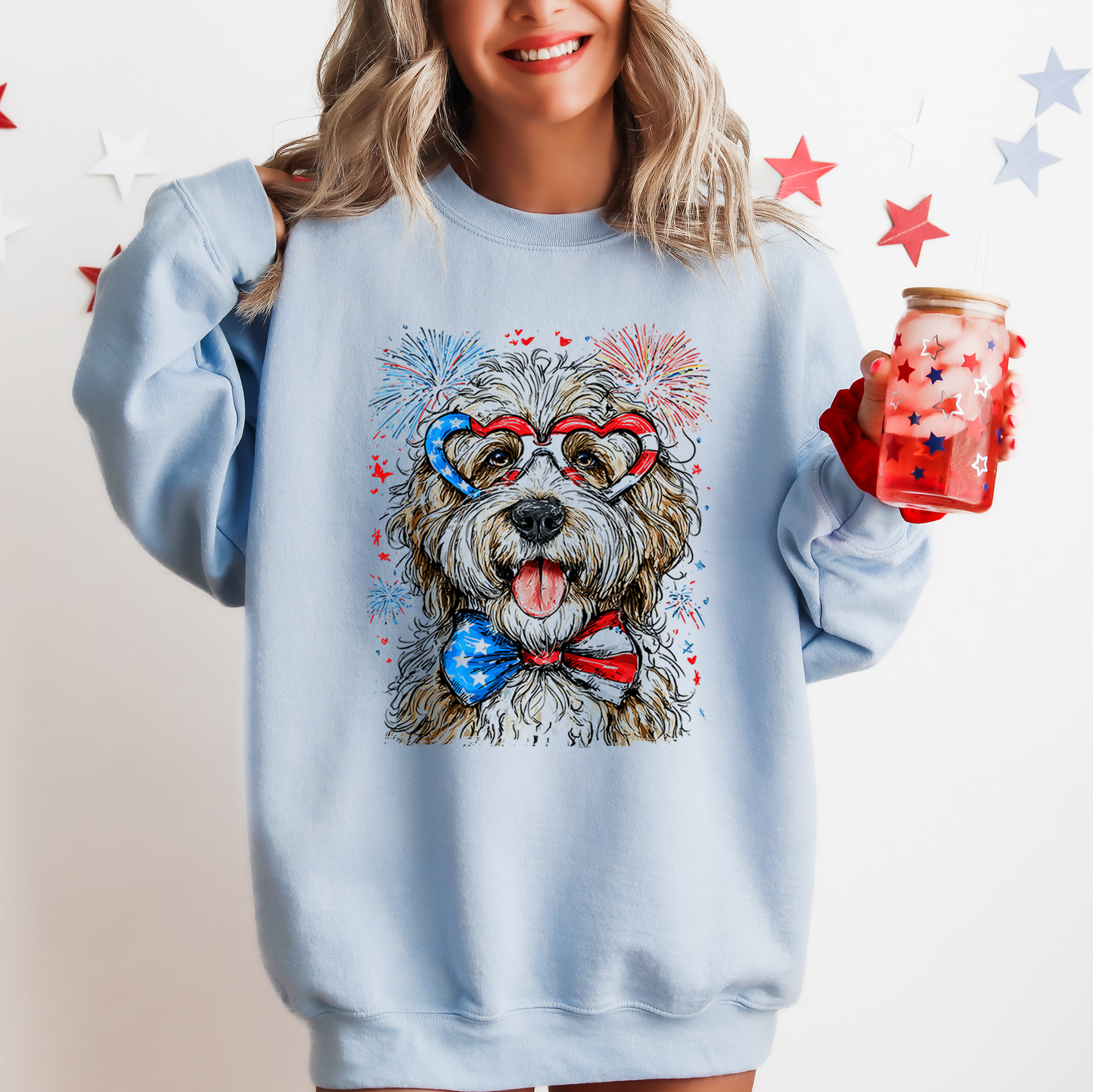 English Sheepdog Patriotic 4th of July Dog Proud American Flag Art Vintage Sweatshirt
