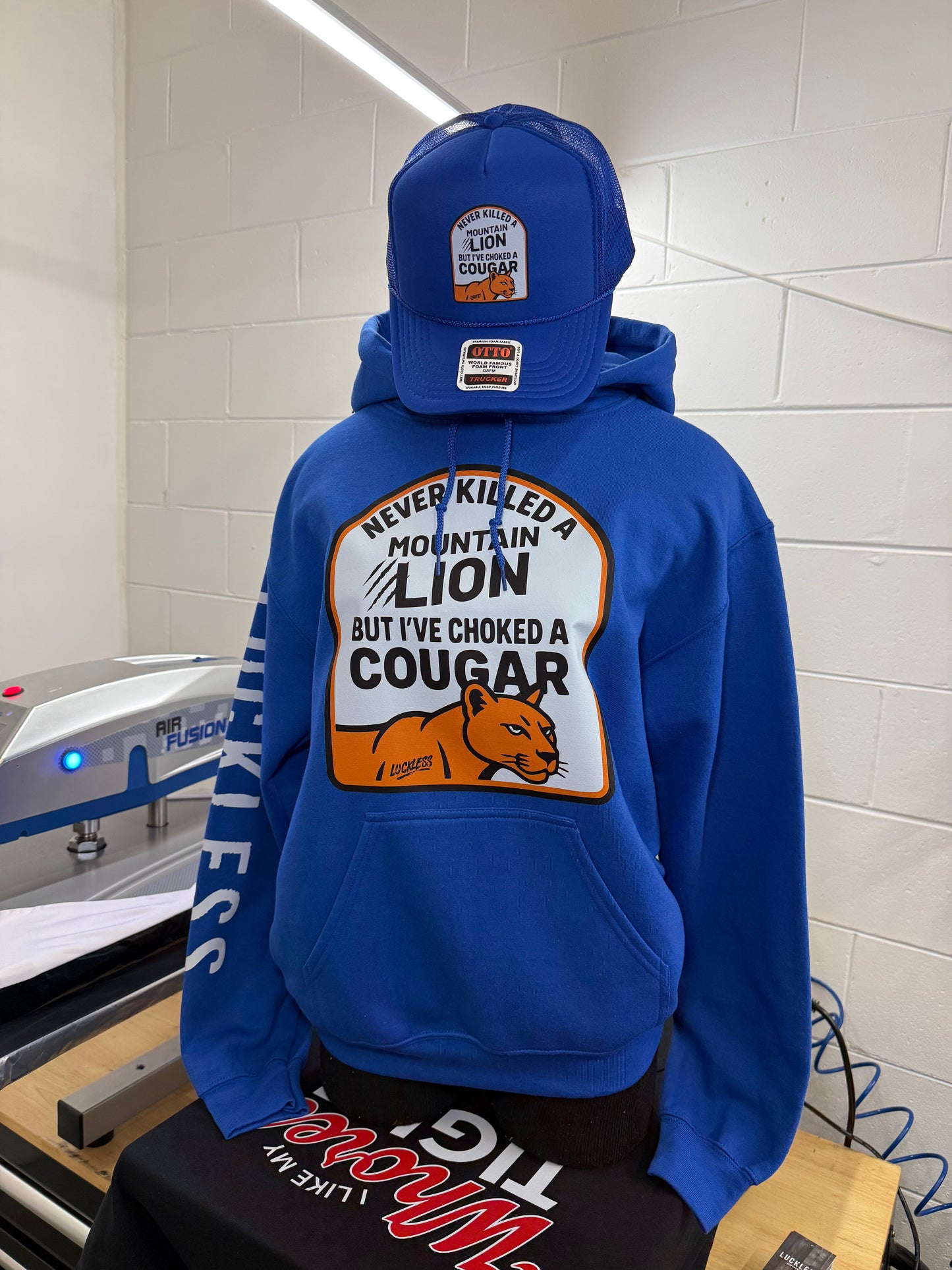 I've Never Killed A Mountain Lion But I've Choked a Cougar Hoodie - Funny Men's Royal Blue Graphic Pullover by Luckless Outfitters