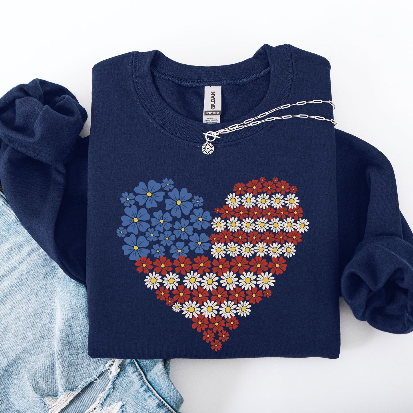 Floral Heart Patriotic Americana Emblem With Red White Blue Accents And Stars Sweatshirt