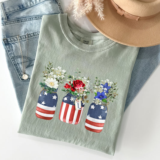 Flowers In Mason Jars All American Patriotic Floral Print Vintage Americana Heritage Comfort Colors Tee