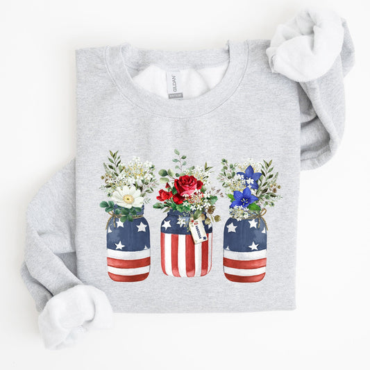 Flowers In Mason Jars All American Patriotic Floral Americana Outdoor Pride Sweatshirt