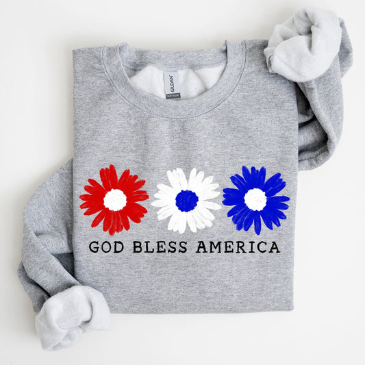 Flowers, God Bless America, Red White Blue Floral Patriotic Art Print Sweatshirt