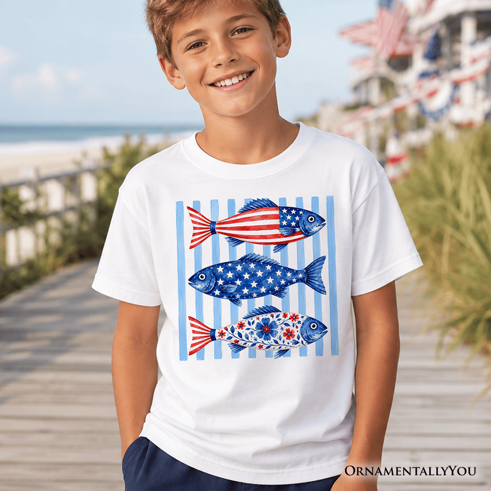 Kids Patriotic Fish Striped T-Shirt, 4th of July Beach Youth Tee