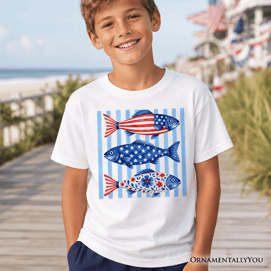 Kids Patriotic Fish Striped T-Shirt, 4th of July Beach Youth Tee