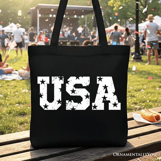USA Block Letters Tote Bag, Vintage Patriotic Gift Shopper for Independence Day