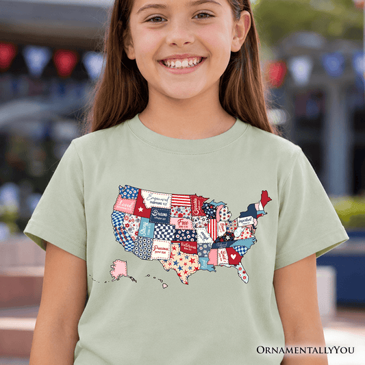Kids Patriotic Patchwork USA T-Shirt, Quilted Map Youth Tee for American Fans